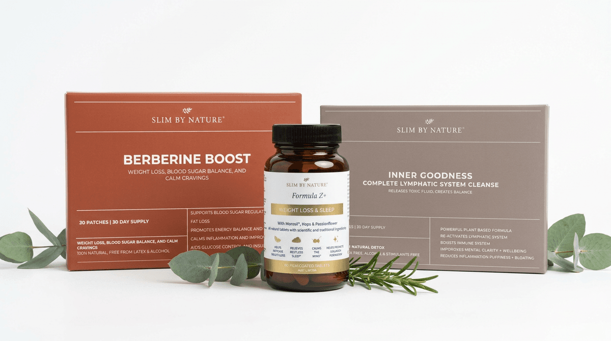Slim By Nature accelerator products — drops, patches, and supplements on marble
