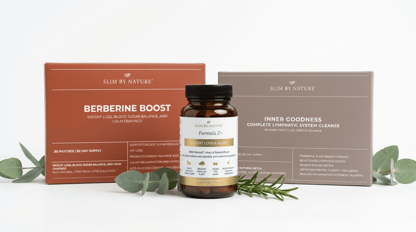 Slim By Nature accelerator products — drops, patches, and supplements on marble