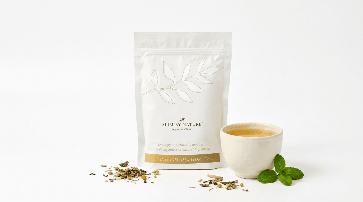 Herbal tea flat-lay with dried herbs, honey, and citrus slices