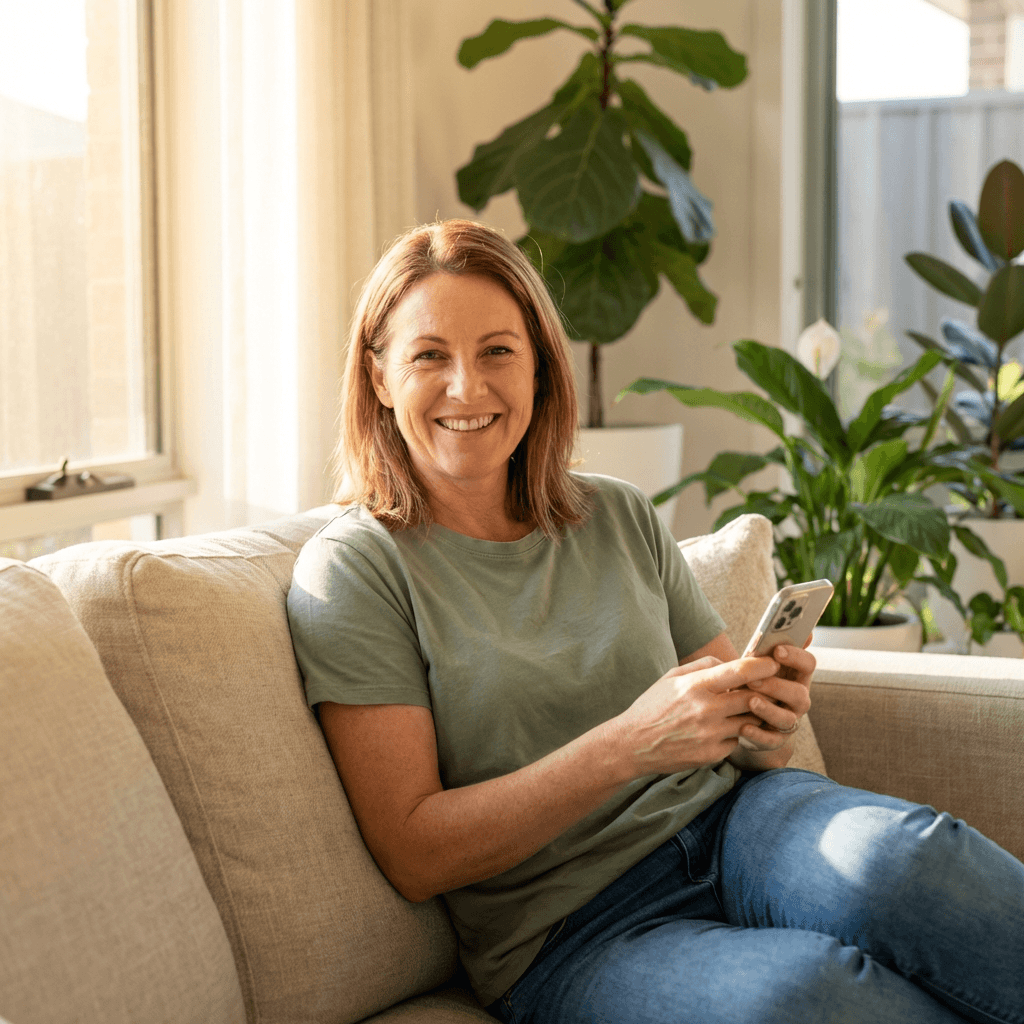 SBN Life app customer using the app on her phone at home